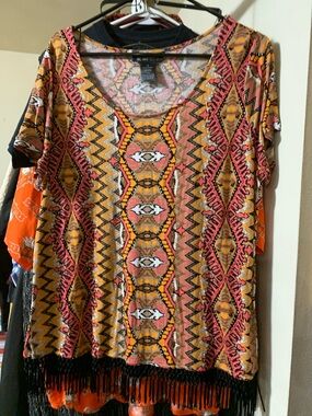 INC International Concepts Aztec Fringe-Hem Tunic in Orange and Pink. 1X